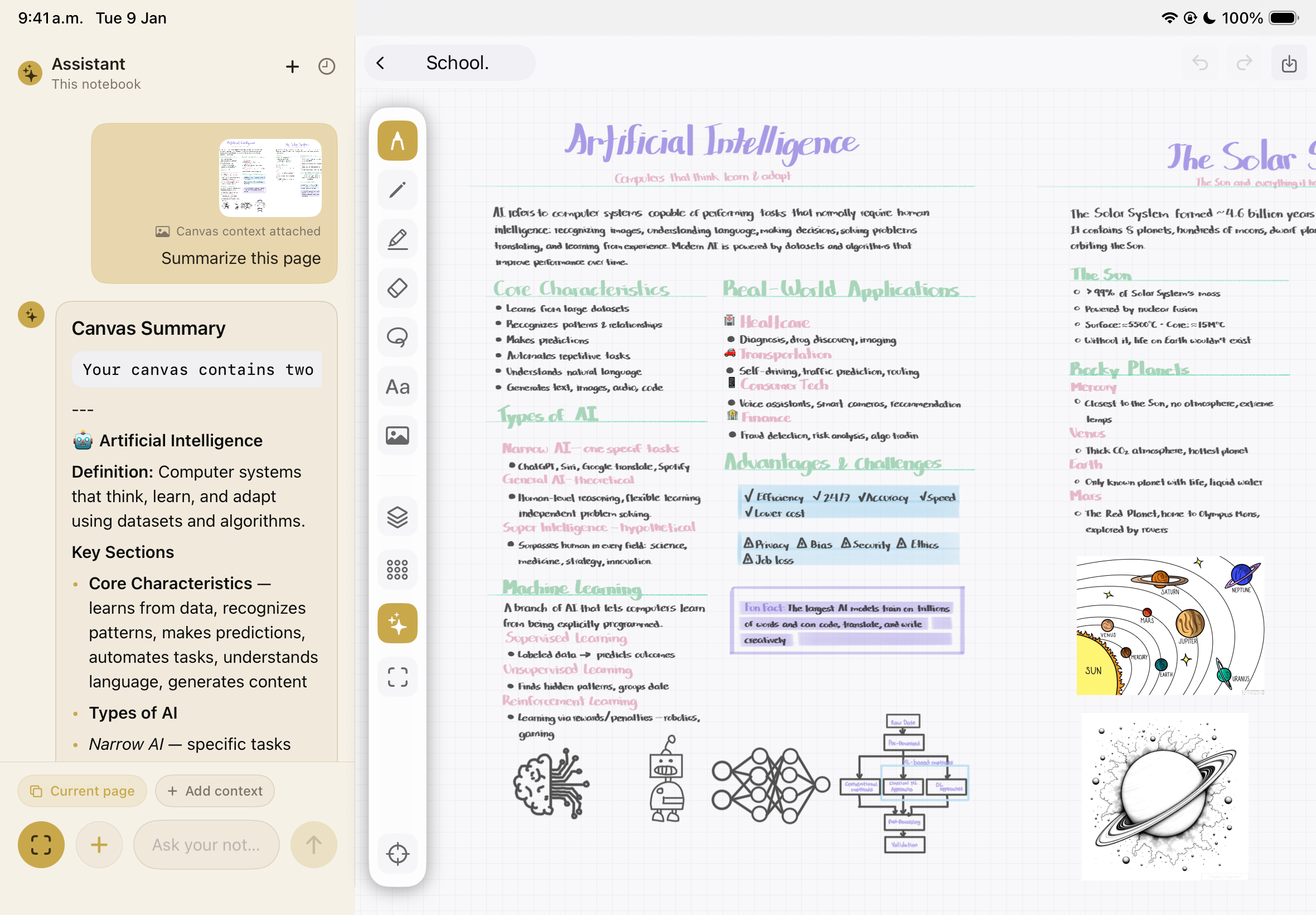 GirokIQ split view with notes on the left and the AI chat assistant on the right