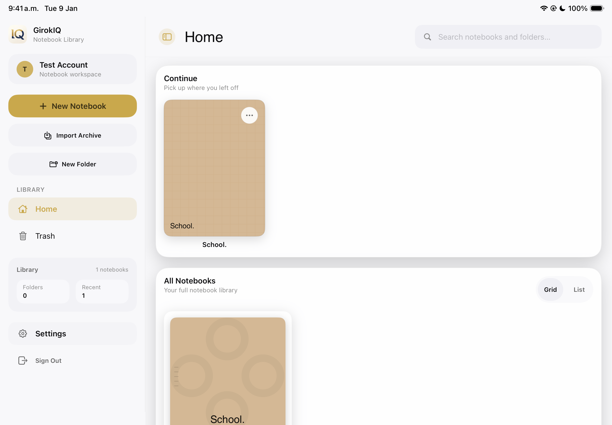 GirokIQ notebook library with color-coded notebooks for school, biology, physics and more