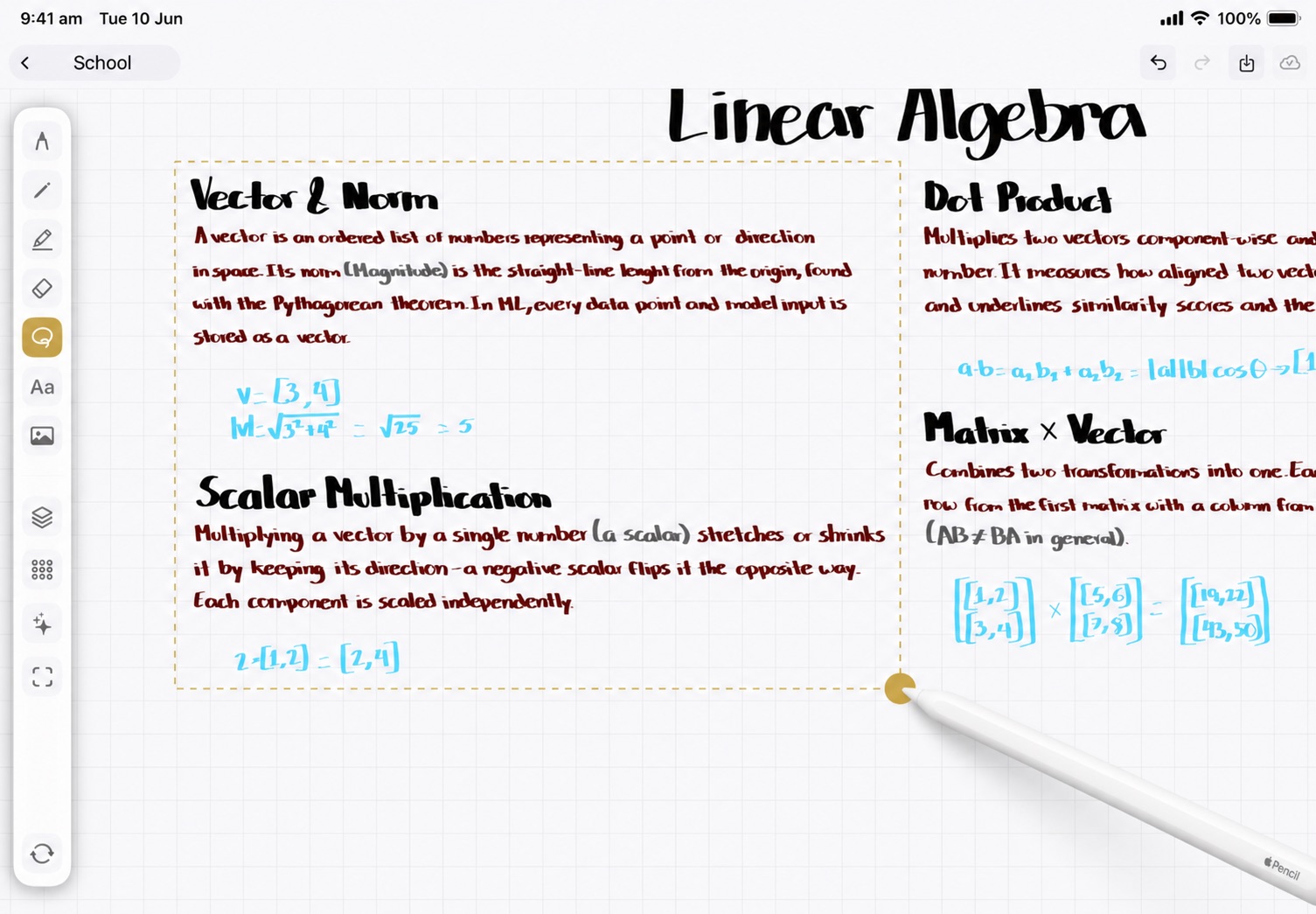 Handwritten Linear Algebra notes with an active lasso selection in GirokIQ